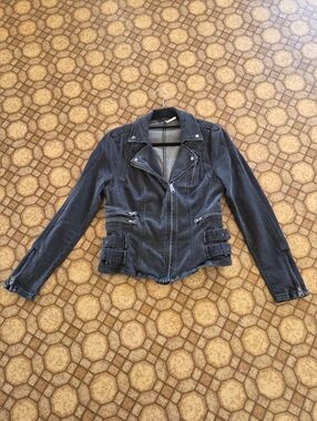 Free People Womens Black Denim Buckle Moto Jacket